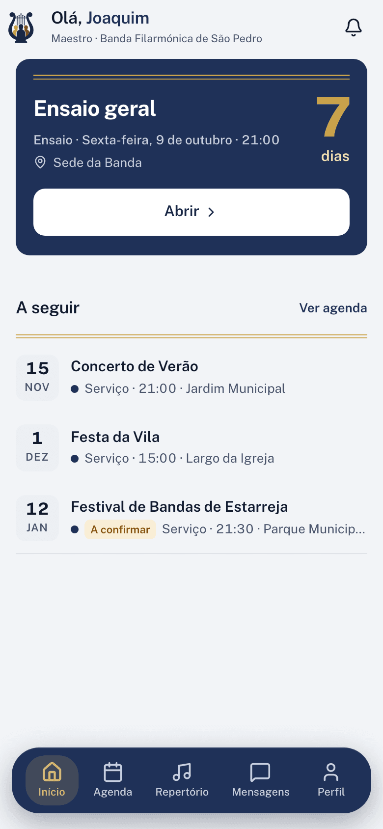 O Início da app do maestro, com o próximo ensaio