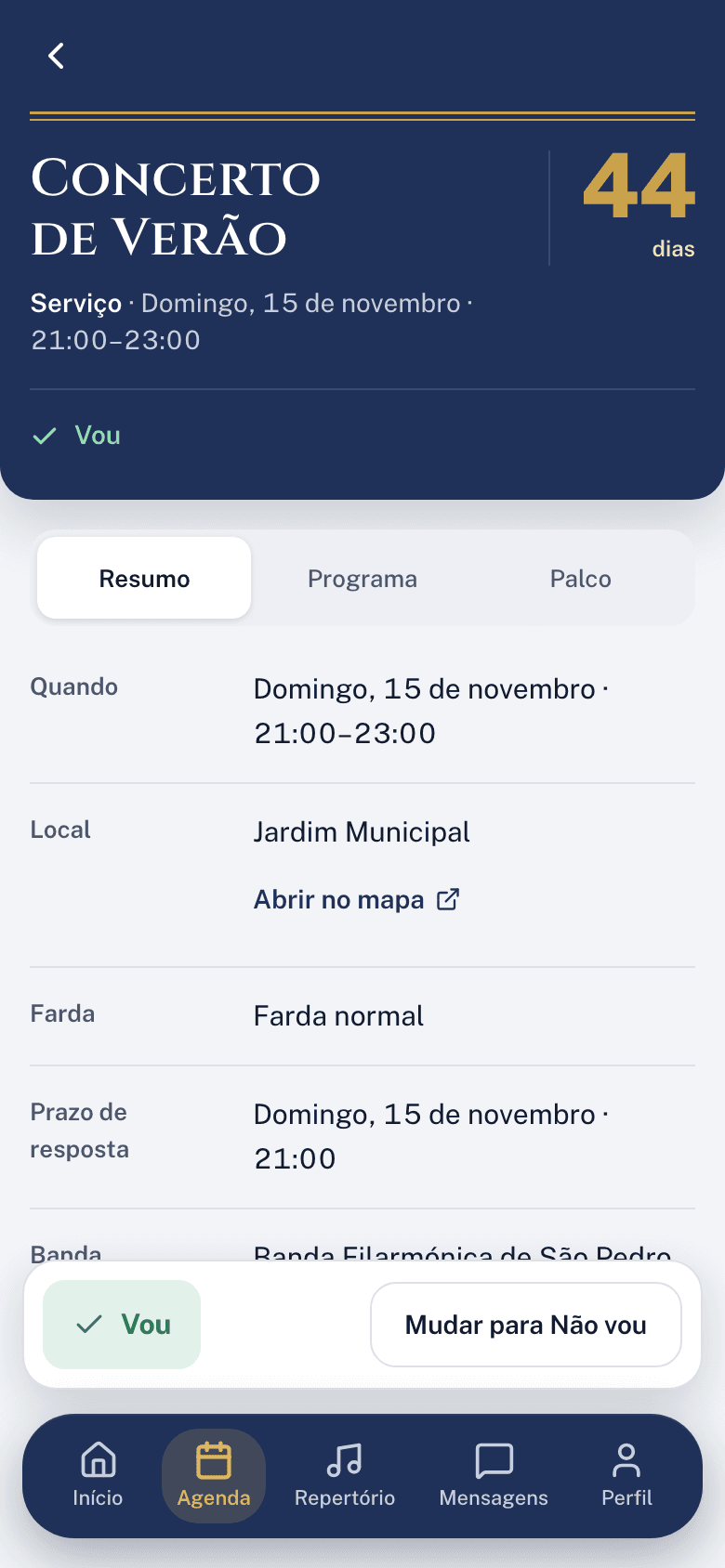 Um serviço na app de um músico, com a resposta Vou