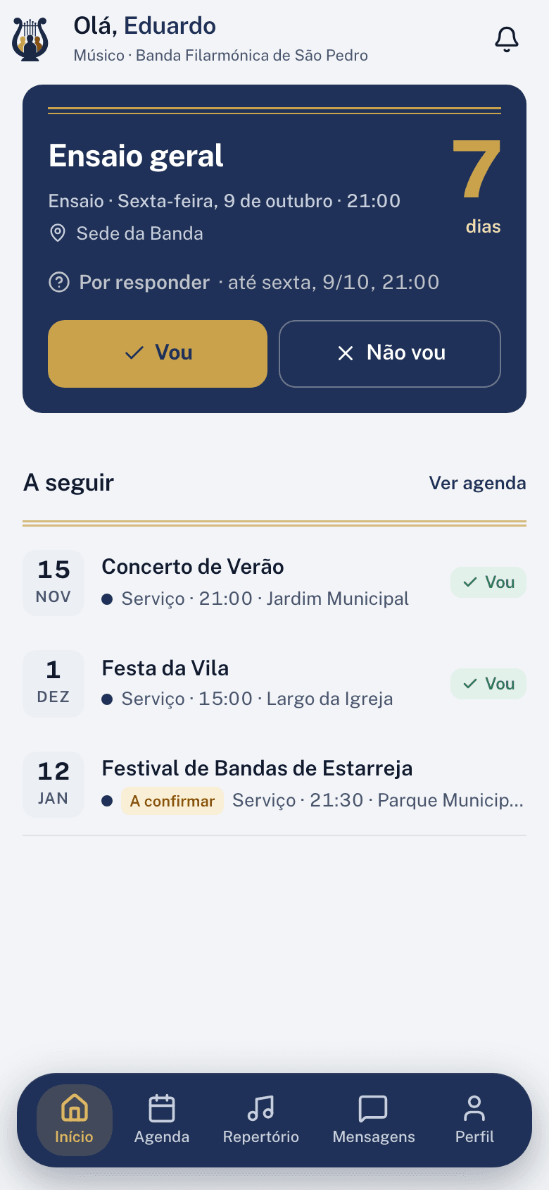 O Início da app de um músico, com o próximo ensaio e os botões Vou e Não vou