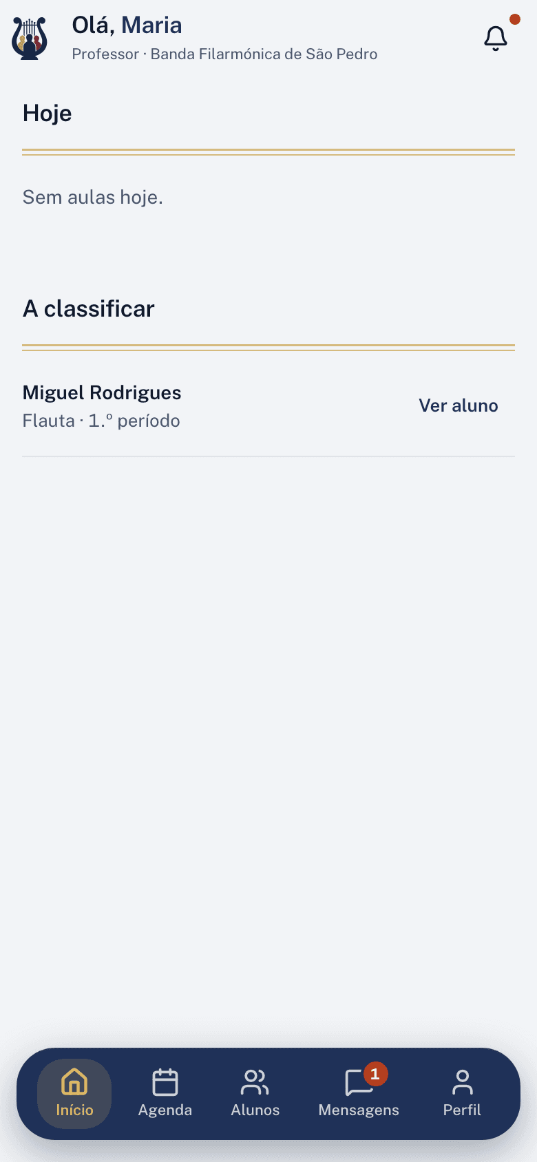 O Início da app de uma professora, com as aulas e os alunos a classificar