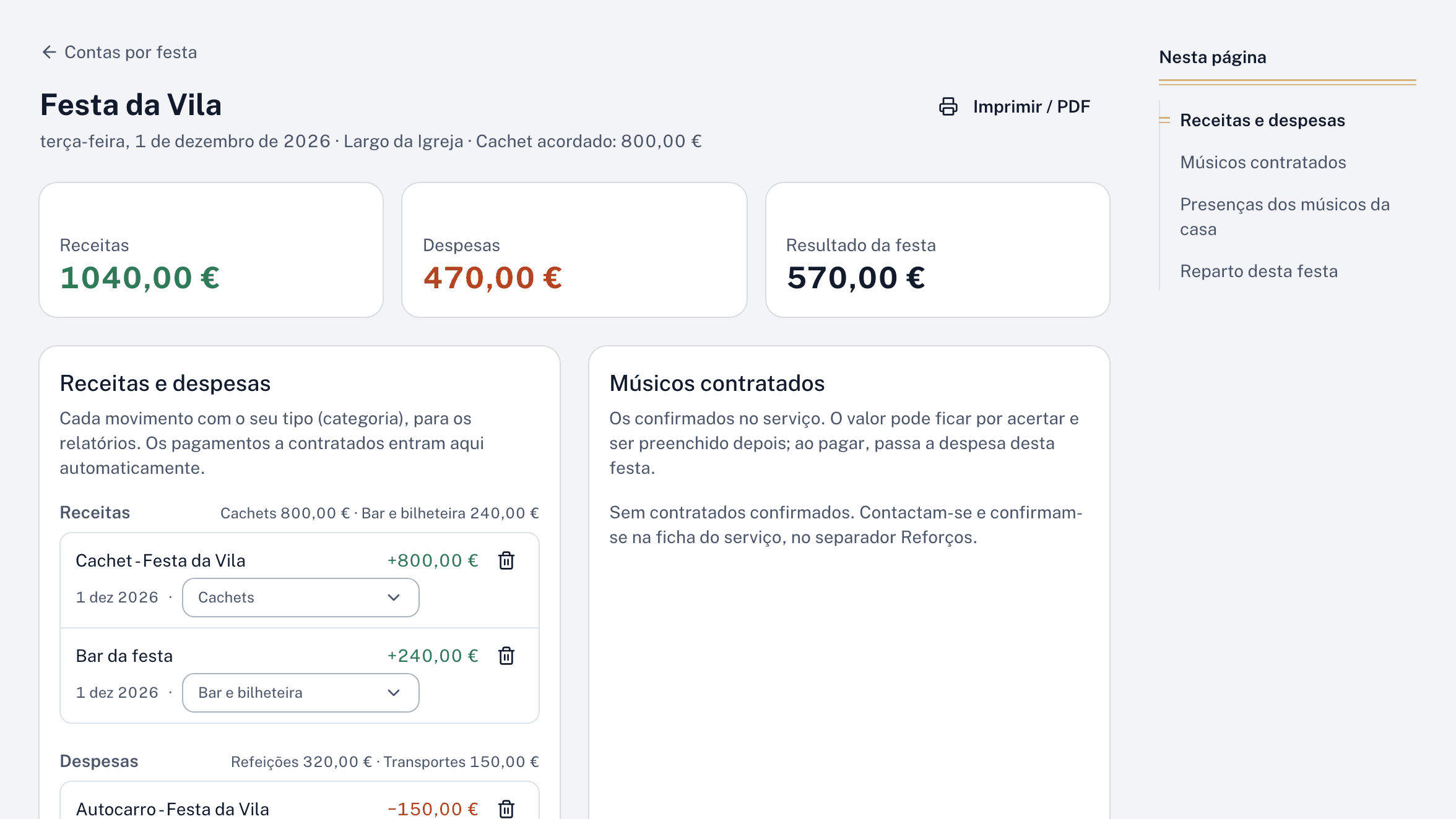 As contas de uma festa na web, com receitas, despesas e resultado