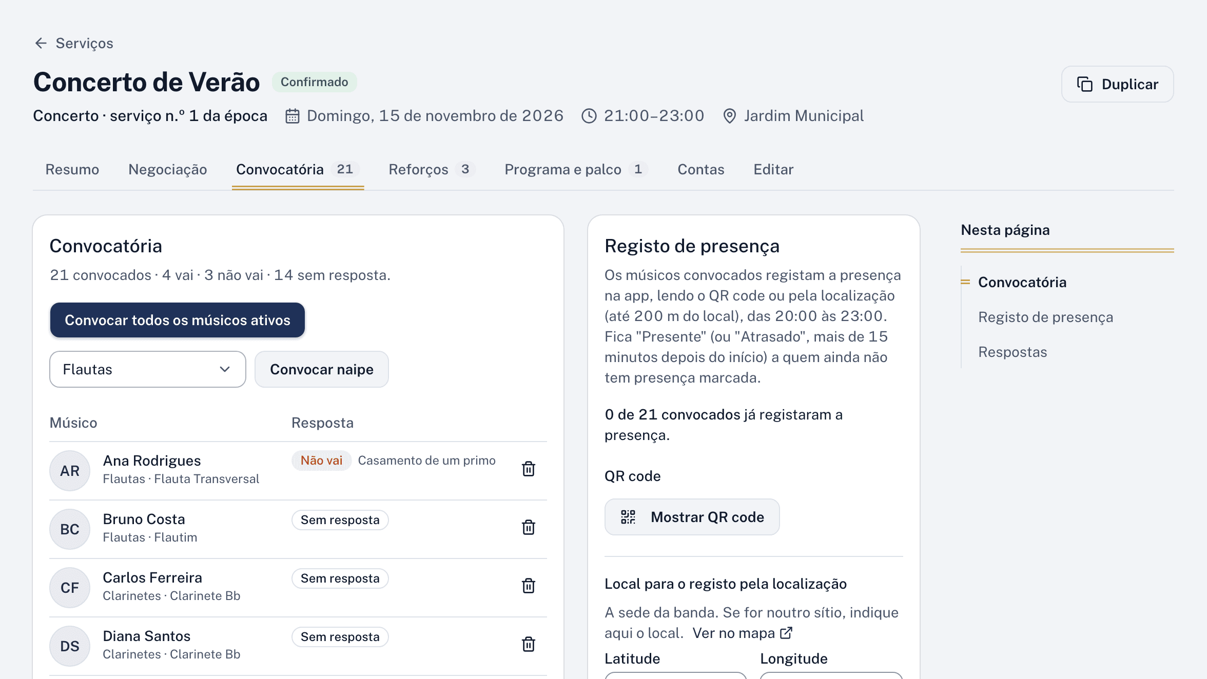 A convocatória de um serviço na web, com as respostas de cada músico