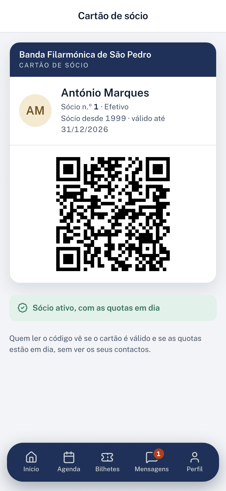 O cartão de sócio digital na app