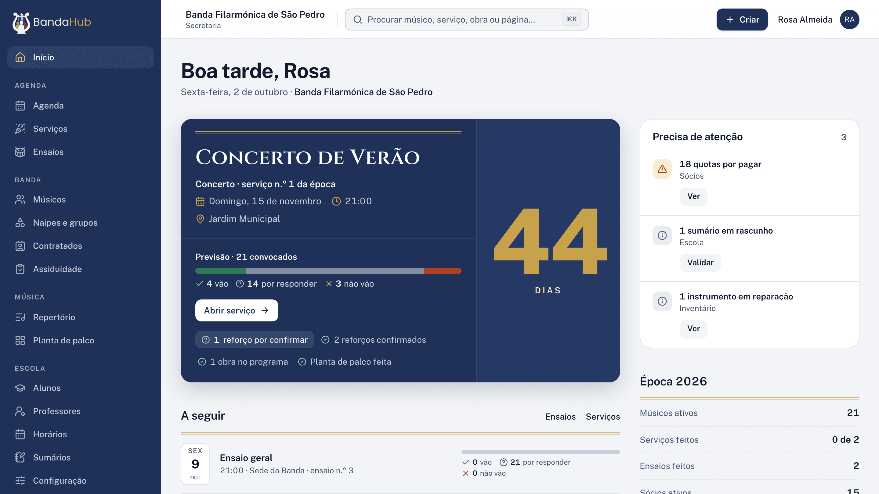 O Início da direção, com o próximo serviço e o que precisa de atenção