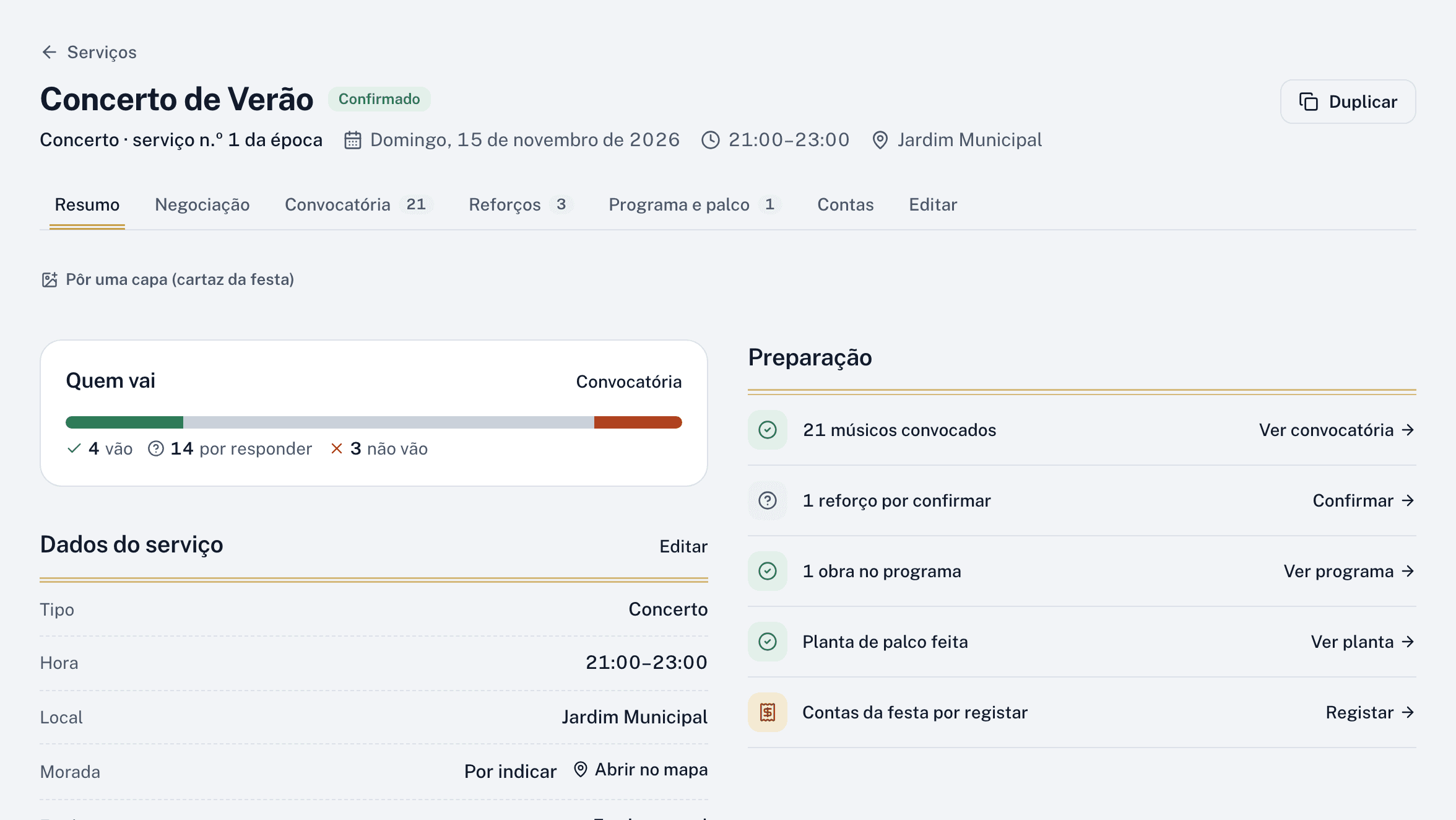 Ficha de um concerto com a previsão de quem vai e a preparação do serviço